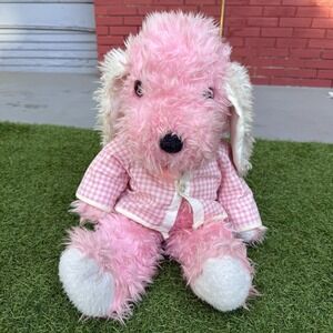 Vintage‎ Pink Poodle Dog Plush Stuffed Animal Sitting Fuzzy 21" Jacket Gingham